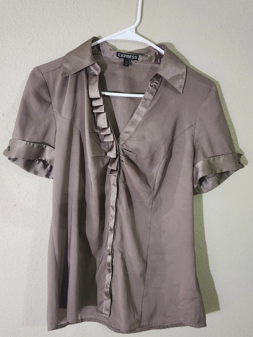 Express Taupe Satin Ruffle Button-Down Blouse Size Medium